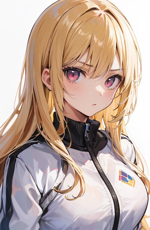 A masterpiece, top-quality artwork of a solo girl in a simple background. The girl is wearing a white tracksuit , She is glaring. The artwork should be ultra-detailed and realistic, with vivid colors and a focus on the girl's expression. she has blonde hair and detailed pink eyes