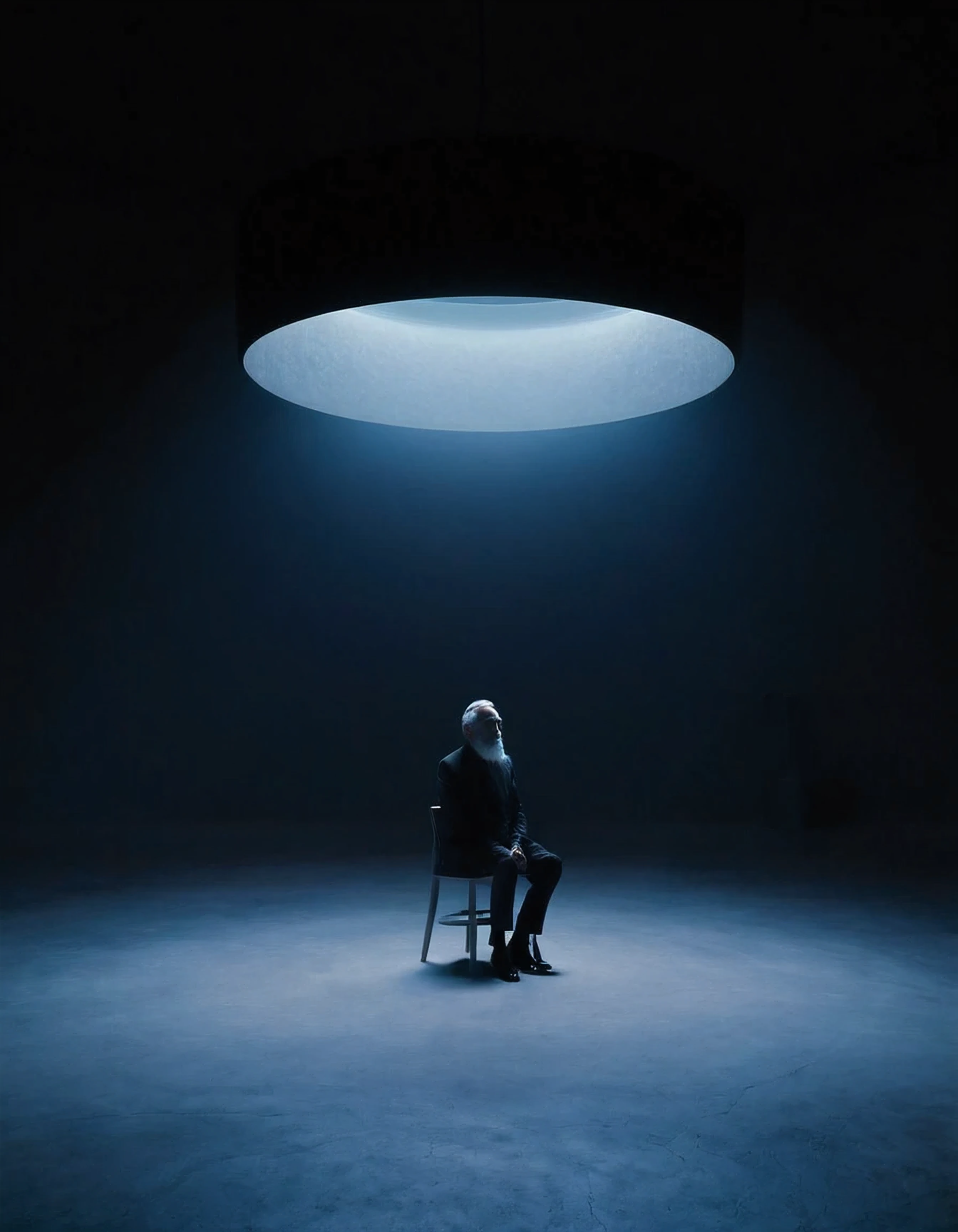 hombre de mediana edad, sitting on a chair in a dark room with a large circular light, ufotable, Surreal lighting, Minimalist cinematic lighting, Surreal Dark Otherworldly Mood, in a dark futuristic room, James Turrell, gloomy lighting, vantablack, otherworldly visuals, the vacuum, dramatic work of art, El techo se esconde en la oscuridad, libros tirados por suelo