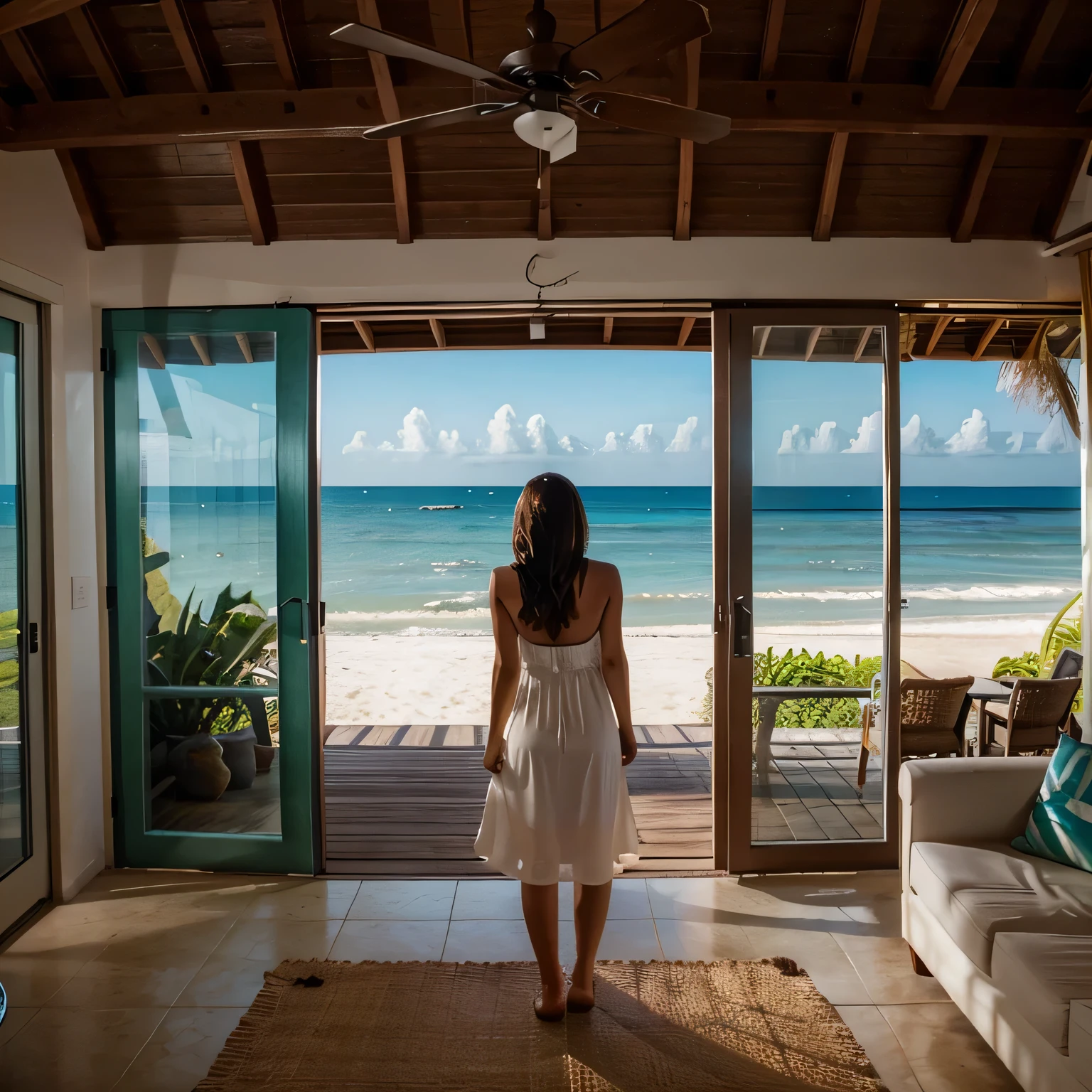 women photo from back wearing a dress, looking at the Caribbean Sea in a beach house