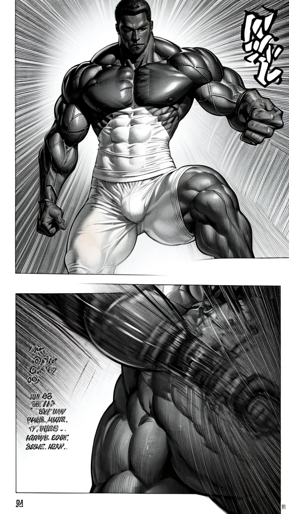 a very muscular black man with short hair, his body is skinny and he is only wearing white underwear manga line art manga panels 