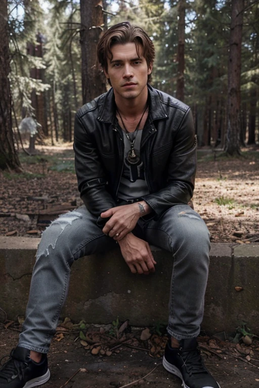 Dylan McDermot, Ben Harmon, Teen Wolf, 40 years old, short and messy light brown hair, honey-colored eyes, black leather jacket, open gray t-shirt, black denim pants, black shoes, wolf pendant, white wolf print. forest background fox aura around black color