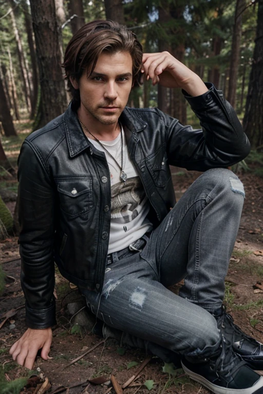Dylan McDermot, Ben Harmon, Teen Wolf, 40 years old, short and messy light brown hair, honey-colored eyes, black leather jacket, open gray t-shirt, black denim pants, black shoes, wolf pendant, white wolf print. forest background fox aura around black color
