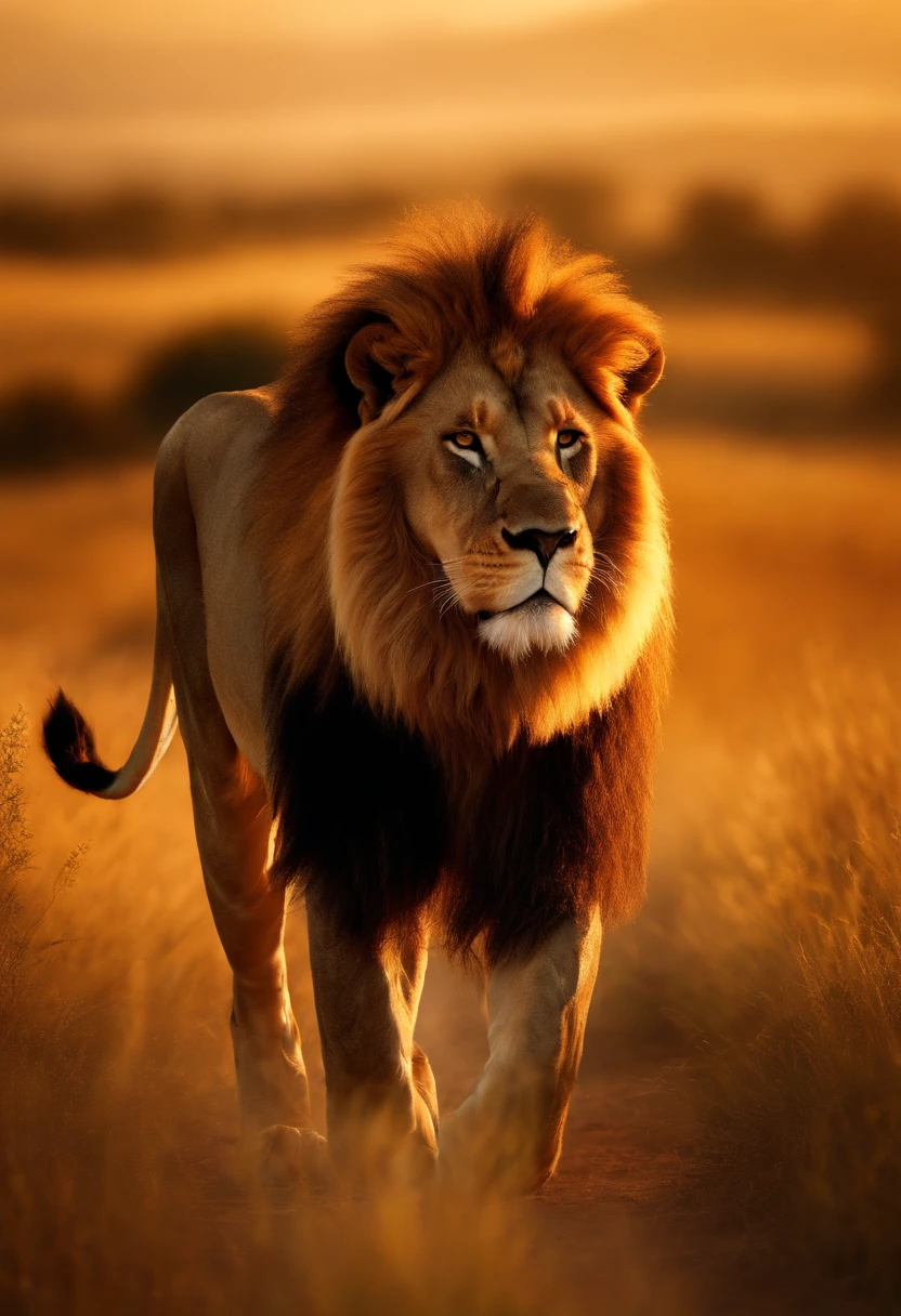 Full image of a majestic lion walking through the savanna, beautiful detailed eyes, beautiful detailed nose, beautiful detailed mouth, extremely detailed face, muscular body, flowing mane, powerful stride, sun-dappled grass, distant acacia trees, (best quality,4k,8k,highres,masterpiece:1.2),ultra-detailed,(realistic,photorealistic,photo-realistic:1.37),dramatic lighting, vibrant colors, cinematic composition, nature documentary style