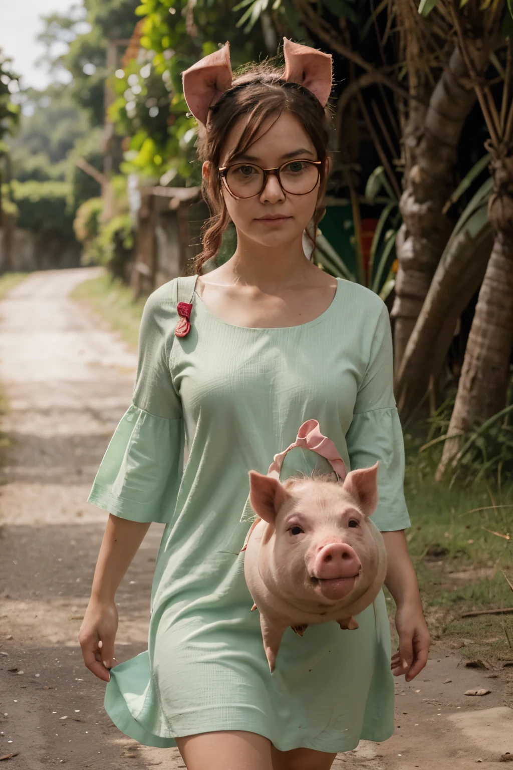 Cerdo caminando llamado Rafael, vestido de verde, blanco y rojo, caminado con una cerda de cabello cobrizo vestida de verde,blanco y rojo, behind them a pig with glasses with little hair with its paws full of blood