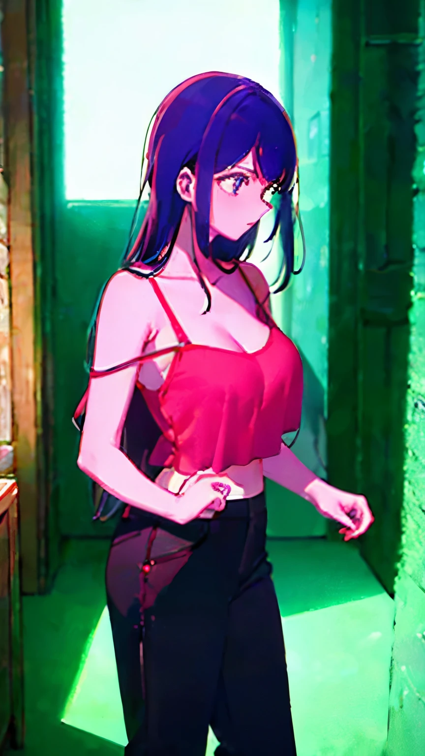 (masterpiece:1.2, Top quality),, Nice illustration, (Natural side light, light),
Looking at the audience, 1 girl, Pink Hair,Cleavage,Low-cut,Red Shirt,Underwear shoulder straps,Black trousers,Big breasts