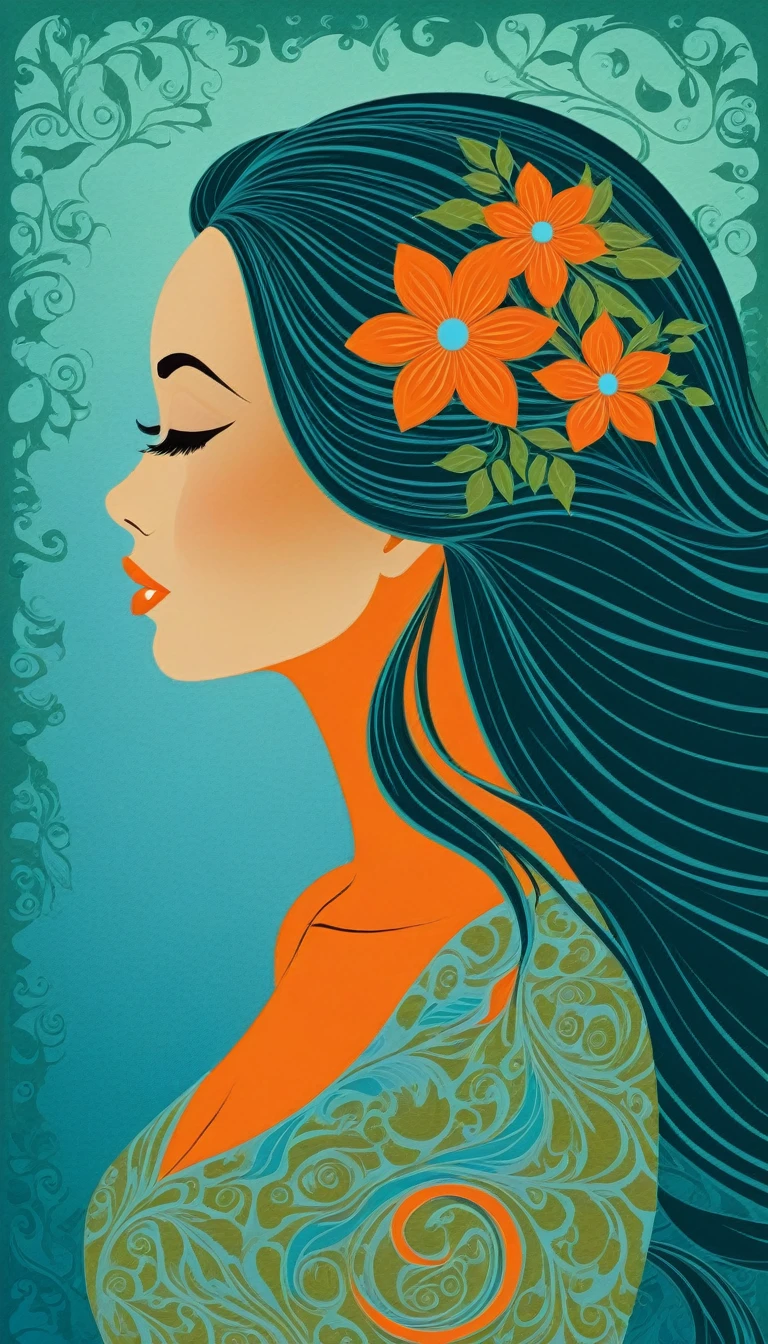 Create an image of a woman's profile with a highly stylized and artistic interpretation. Her hair and clothing should flow around her in smooth, wavelike patterns, featuring a harmonious blend of cool blues, greens, and warm orange tones. The texture of the patterns should be reminiscent of layered paper cut-outs, giving a sense of depth and intricacy. She should have an ethereal beauty, with delicate features, and be adorned with vibrant orange flowers that provide a striking contrast to the cool colors. The image should capture the graceful curves of her profile and the elegant movement of the stylized patterns, creating a serene and mesmerizing visual experience.