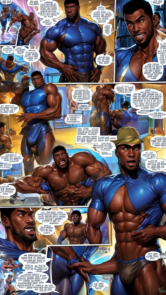 a very muscular black man with short hair, his body is skinny and he is only wearing white underwearm western comic panels