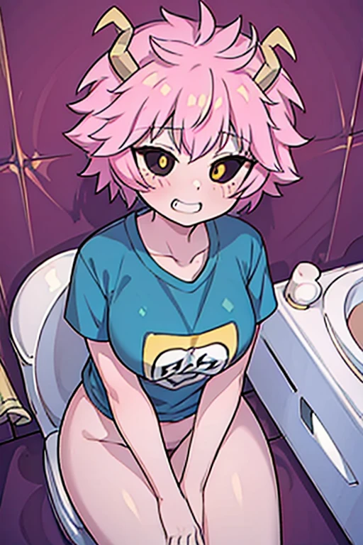 Mina Ashido, 1 girl, One, breast, short hair, medium breast, shirt, clavicle, yellow eyes, upper body, Pink hair, short sleeves, horns, teeth, colored leather, blue shirt teeth, happy, colored sclera, accent lines, black sclera, pink skin, sitting on the toilet