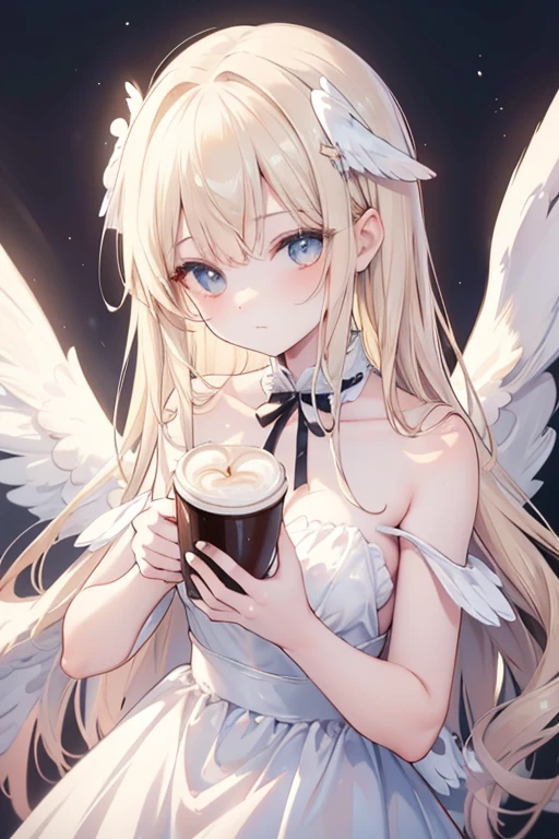 painting of a with a cup of coffee and angel wings, of an beautiful angel girl, beautiful angel, angel girl, of beautiful angel, portrait of a beautiful angel, beautiful angel girl portrait, angelic, angelical, dark angel of coffee, winged girl angel, adorable digital painting, angel-themed, angel, beautiful female angel, young wan angel