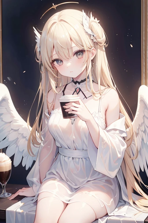 painting of a  with a cup of coffee and angel wings, of an beautiful angel girl, beautiful angel, angel girl, of beautiful angel, portrait of a beautiful angel, beautiful angel girl portrait, angelic, angelical, dark angel of coffee, winged girl angel, adorable digital painting, angel-themed, angel, beautiful female angel, young wan angel