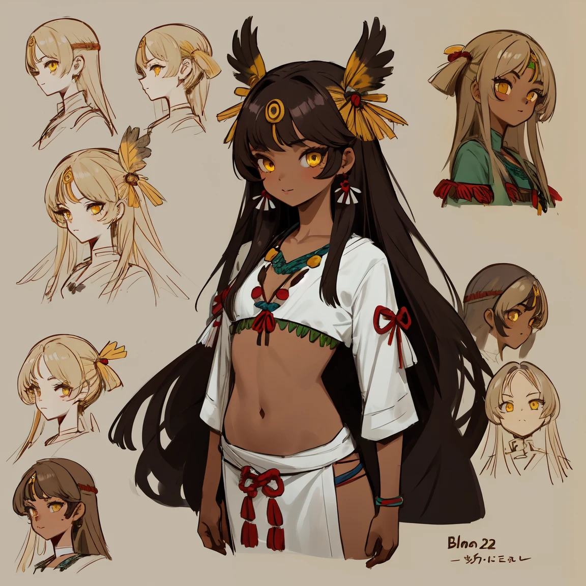 1girl, concept art, character sheet, 1girl, flat chest, brazilian indigenous girl, brown skin, long hair with bangs, yellow eyes, masterpiece, best quality