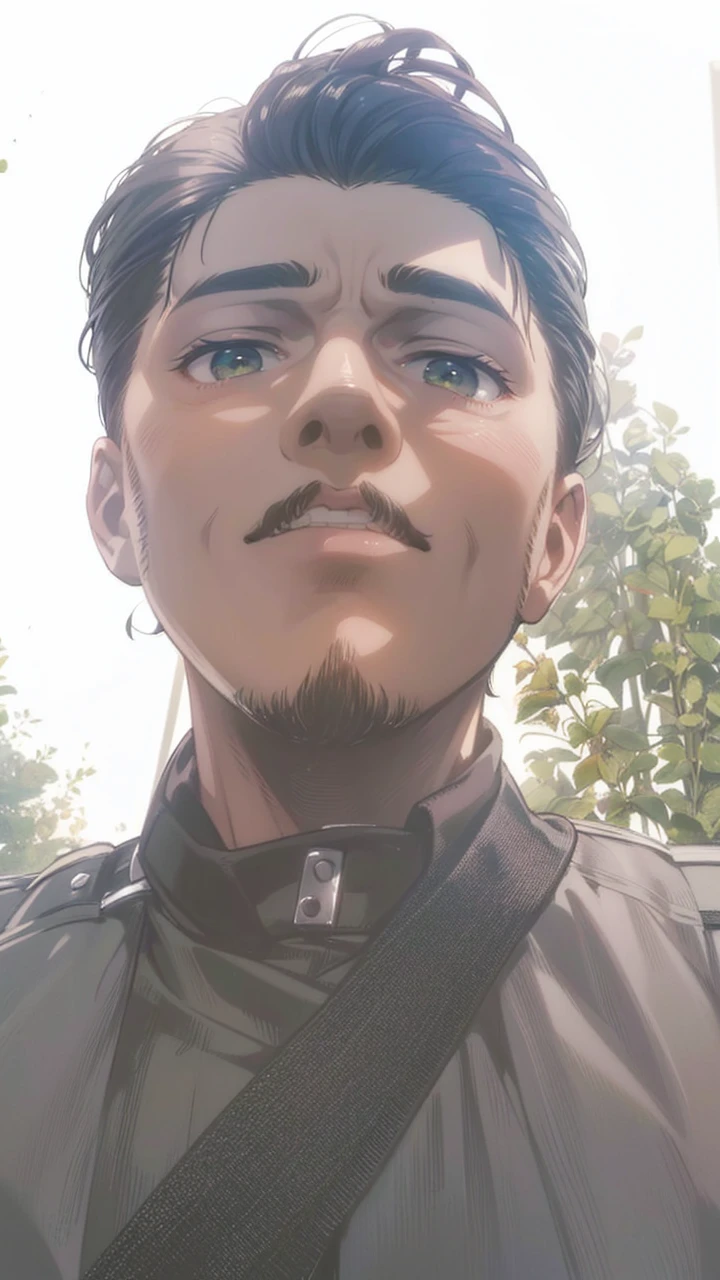 (high-quality, breathtaking),(expressive eyes, perfect face) 1male, male, solo, young adult, medium length black hair, curley hair, brown eyes, fluffy hair, loose hair, military uniform, survey corps attack on titan, shingeki no kyoji, black shirt, brown jacket, green eyes, gentle smile, gentle expression, quiff haircut, quiff hairstyle, 5’O Clock Shadow beard, hair combed back, italian
