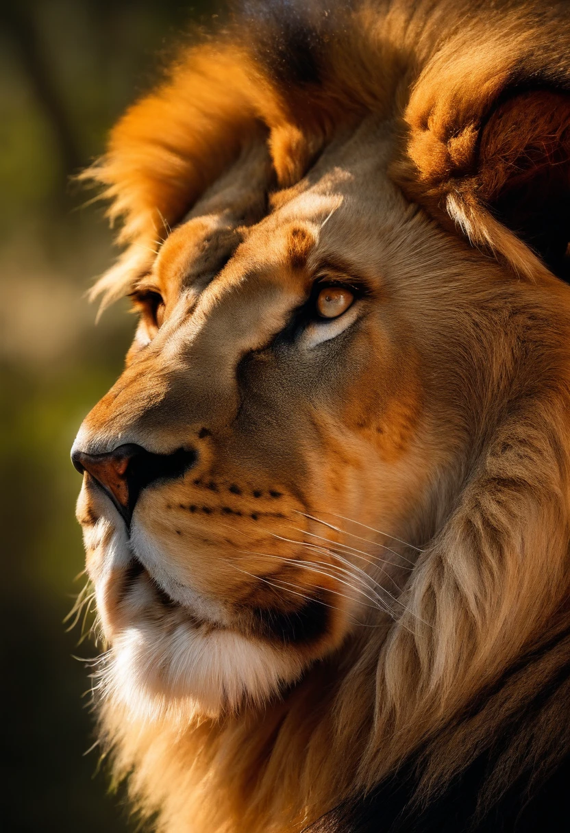 a majestic lion profile, golden fur, piercing eyes, powerful jaw, dramatic lighting, cinematic composition, 8k, high quality, photorealistic, masterpiece