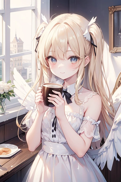 painting of a  with a cup of coffee and angel wings, of an beautiful angel girl, beautiful angel, angel girl, of beautiful angel, portrait of a beautiful angel, beautiful angel girl portrait, angelic, angelical, dark angel of coffee, winged girl angel, adorable digital painting, angel-themed, angel, beautiful female angel, young wan angel, smile 