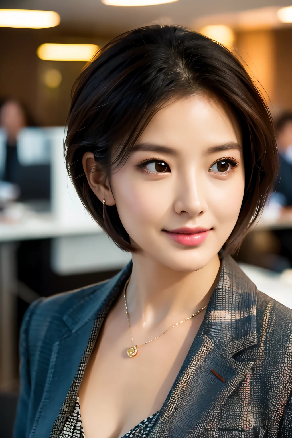 最high quality, 8k, masterpiece, Realistic, high quality, Beautiful and exquisite face and eyes, OL, a stylish suit, Half Body Shot, Professional Lighting, Vibrant colors, Confident expression, Facing forward, (Looking into the camera), short hair, Modern office environment, Warm tones, Sharp details, Glossy finish, Cleavage