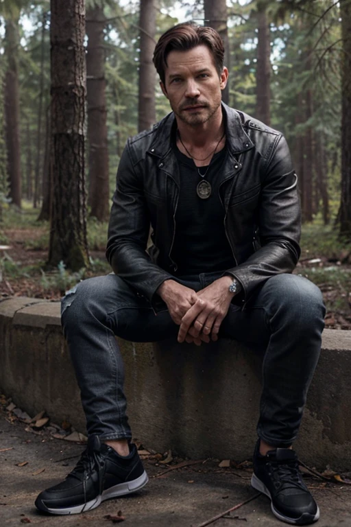 Ian Bohen, Peter Hale, Teen Wolf, 40 years old, short and messy light brown hair, honey-colored eyes, black leather jacket, open gray t-shirt, black denim pants, black shoes, wolf pendant, white wolf print. forest background fox aura around black color