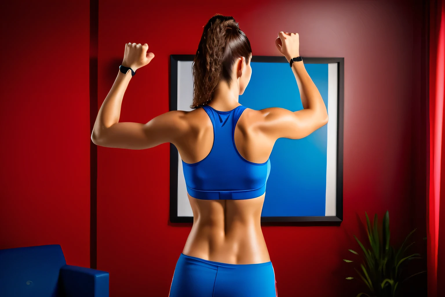 In the image, a beautiful Brazilian woman with white skin, dark brown hair tied in a ponytail, wearing a red tank top and tight blue shorts, blue shorts, she is in a room, with her back to the camera, wearing a red top and dark blue shorts . back photo, back pose, general shot of the back, back shot, photo from behind, standing athletic pose Rear photo, training, arms raised. Fitness woman, perfect arms, perfect body. She is around 40 years old, 162 cm tall and weighs 56 kg. Her body exudes glamor and her face is a definition of beauty. Slender body, thin waist. Highly realistic, hyperrealism, very elaborate skin, high quality photo. Sharp Photo, High Resolution, High Quality, Masterpiece, 16K Photo, Sharp Photo, High Contrast, Masterpiece, (Photographically Realistic), NUDE, NUDITY, NFSW.