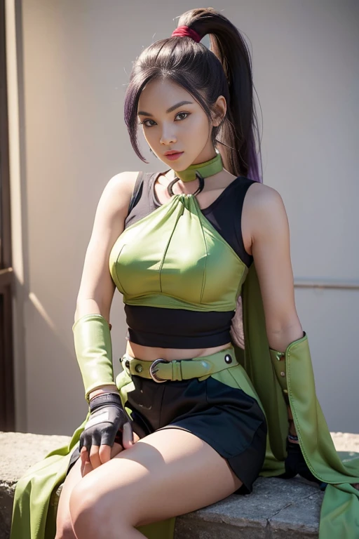 8K highest quality, masterpiece, Perfect dynamic composition, Highly detailed skin and facial textures:1.3, Martina, Purple eyes, Purple Hair, Very long hair, ponytail, Hair Scrunchie, Green choker, O-ring top, Tank top, No sleeve, Fingerless gloves, Green gloves, West Cape, Black shorts, Green Zone, boots(whole body:1 5)、 Written boundary depth， High resolution， RAW is very detailed， Highly detailed eyes and face， Sharp pupils、Sculptural installation