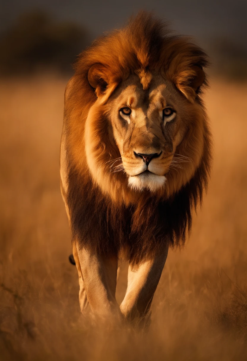 a majestic lion profile walking through the savanna in, golden fur, piercing eyes, powerful jaw, dramatic lighting, cinematic composition, 8k, high quality, photorealistic, masterpiece