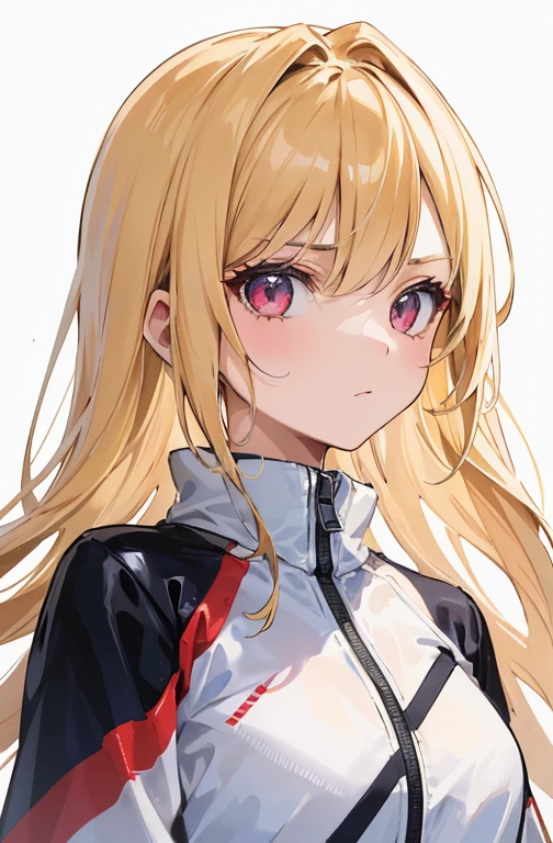 A masterpiece, top-quality artwork of a solo girl in a simple background. The girl is wearing a white tracksuit , She is glaring. The artwork should be ultra-detailed and realistic, with vivid colors and a focus on the girl's expression. she has blonde hair and detailed pink eyes