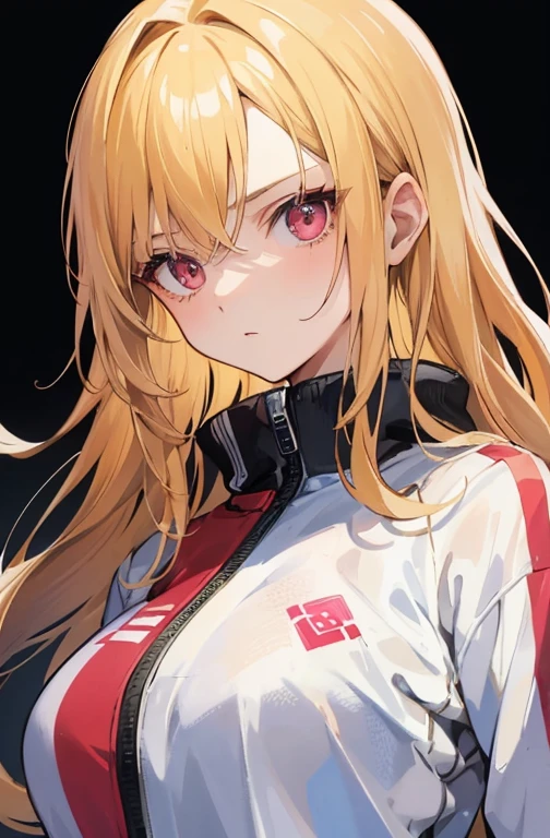 A masterpiece, top-quality artwork of a solo girl in a simple background. The girl is wearing a white tracksuit , She is glaring. The artwork should be ultra-detailed and realistic, with vivid colors and a focus on the girl's expression. she has blonde hair and detailed pink eyes