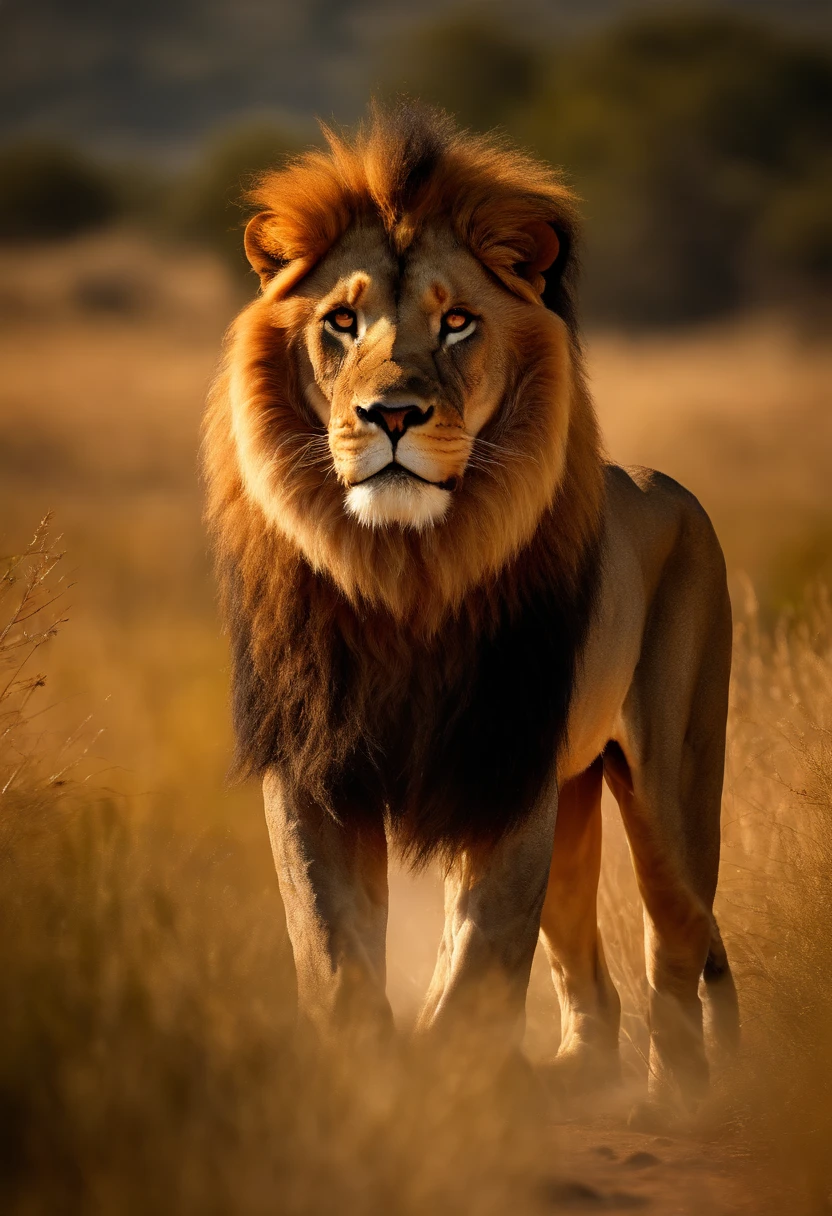 a majestic lion, golden fur, piercing eyes, powerful jaw, walking through the savanna, dramatic lighting, cinematic composition, (best quality,4k,8k,highres,masterpiece:1.2),ultra-detailed,(realistic,photorealistic,photo-realistic:1.37),HDR,UHD,studio lighting,ultra-fine painting,sharp focus,physically-based rendering,extreme detail description,professional,vivid colors,bokeh,photorealistic