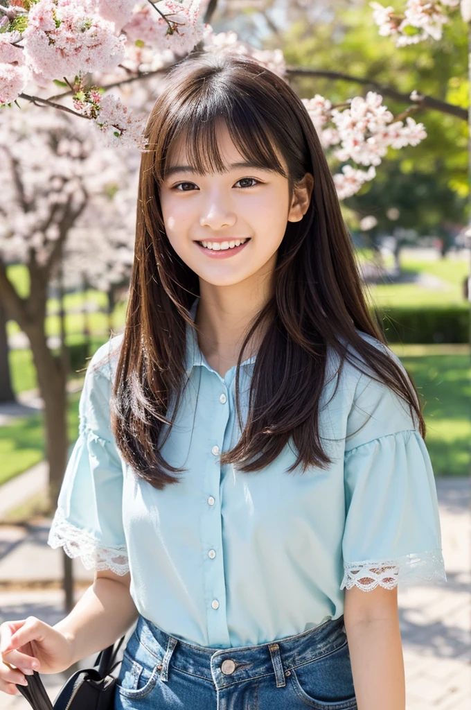 masutepiece, Best Quality, Illustration, Ultra-detailed, finely detail, hight resolution, 8K Wallpaper, Perfect dynamic composition, Beautiful detailed eyes, Natural Lip,a beauty girl、In the bright and refreshing spring sunshine、Imagine a female college student walking around campus.。.。.。She、She is wearing jeans and a white lace blouse.。the hair flutters with the wind、People around you smile々He is depicted having a conversation with.。The cherry blossoms on campus are in full bloom、Green tree on background々々々There is a bench where students can gather...。She is carrying a colorful backpack.、he has a notebook and a pencil in his hands.。Her figure is、Expressing the image of a typical female college student enjoying learning and free time.。.。