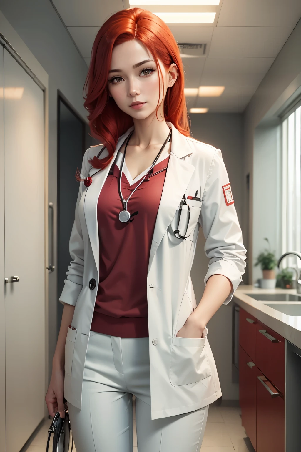 modern hospital, red hair woman, white doctor's lab coat, stethoscope sunny, looking at viewer, white pants