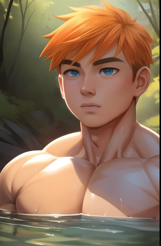 (HUMAN) a taking a bath in a river in a forest, military haircut, orange hair, blue Eyes, tan skin trending on bbwchan, meditating pose, up close shot shinji aramaki, inspired by Abdullah Gërguri, perfect muscle structure, unreal rendered, made of rubber, pictured from the shoulders up, doomy, drool, very muscular with broad shoulders, prominent pectorals and very marked abs, bodybuilder body, huge chest, huge pecs. Mexican ethnicity. muscular gigachad benediction, the ultimate gigachad. Young man, yung face. Teennis, Erect penis, Testicles.