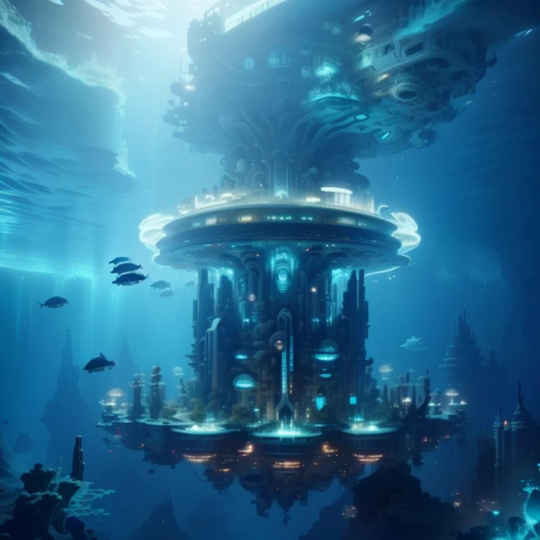 a large base floating in the ocean with many fish, futuristic underwater metropolis, an underwater city, underwater city, solarpunk futuristic utopia, underwater home, depicted as a scifi scene, undersea temple, futuristic setting, under water deep sea laboratory, an underwater alien ocean, the lost city of atlantis, alien habitat, the city of atlantis, city of atlantis, suspended underwater