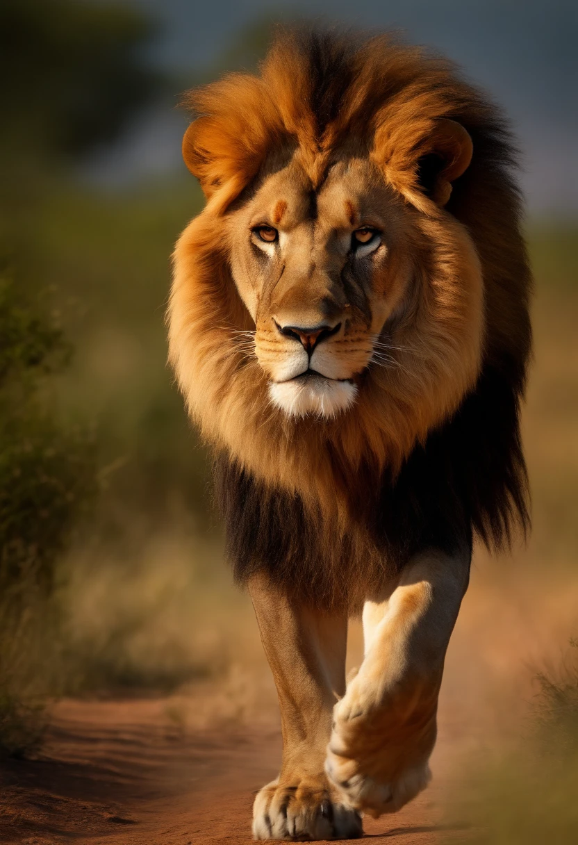 A majestic lion striding through the savannah, powerful muscles rippling beneath a golden coat, eyes filled with regal determination, (best quality,4k,8k,highres,masterpiece:1.2),ultra-detailed,(realistic,photorealistic,photo-realistic:1.37),dramatic lighting, cinematic composition, vibrant colors, natural textures, detailed fur, intimidating presence, prowling through lush vegetation