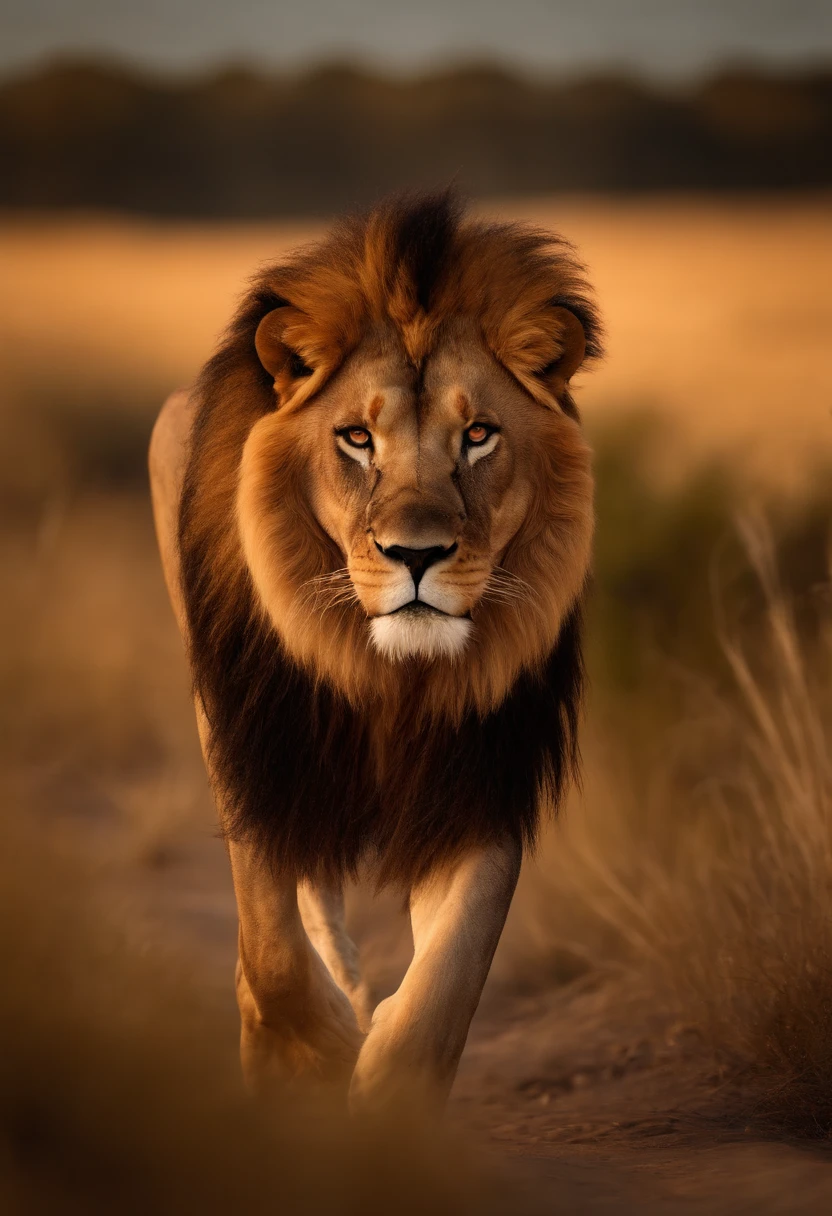 A majestic lion striding through the savannah, powerful muscles rippling beneath a golden coat, eyes filled with regal determination, (best quality,4k,8k,highres,masterpiece:1.2),ultra-detailed,(realistic,photorealistic,photo-realistic:1.37),dramatic lighting, cinematic composition, vibrant colors, natural textures, detailed fur, intimidating presence, prowling through lush vegetation