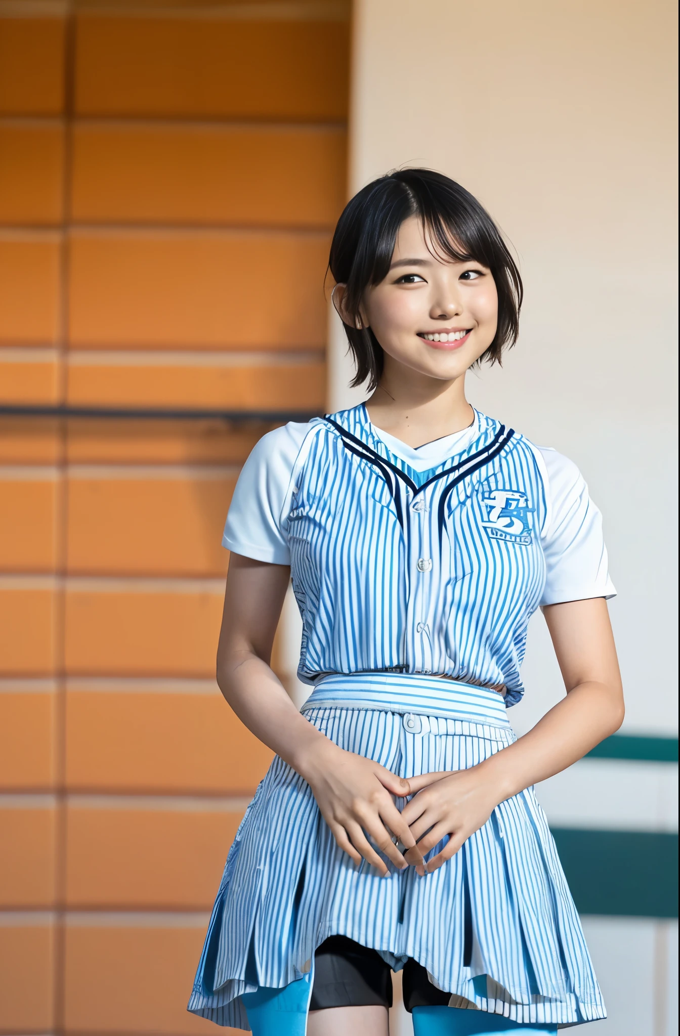 （8k、Raw photography、highest quality、masterpiece：1.2),(Black-haired、Very short hair:1.8),(ponytail:1.3)、View your audience,Viewed from the front,White skin,(high school girl、Light blue baseball uniform:1.7)、(Tight waist:1.6)、(Clothes that accentuate the shape of the breasts:1.0)、(Big Breasts :1.3)、Slim figure、Ultra-high resolution,beautiful,beautiful fece,(one person、No background:1.9),whole bodyボディー,Japanese women,（reality的：1.37）、Photon Mapping,reality、(Baby-faced and cute: 1.4)、(Cute Smile: 1.8)、(Round face: 1.8)、Radio City、Physically Based Rendering、Depth of field rally background、photograph, (I can see your knees、Very short white shorts、Thigh close-up:1.8),（:1.4）,whole body、Great quality
