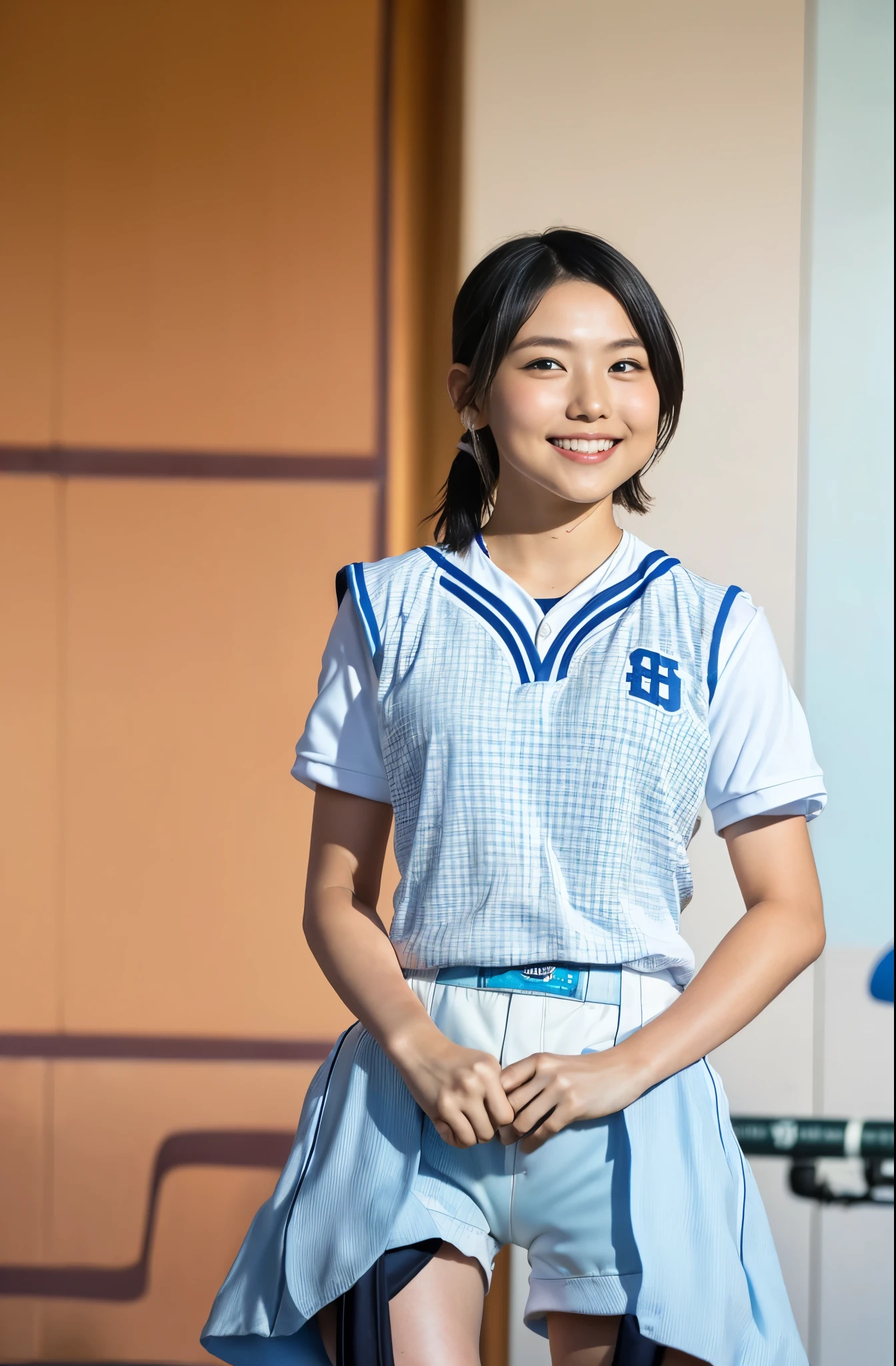 （8k、Raw photography、highest quality、masterpiece：1.2),(Black-haired、Very short hair:1.8),(ponytail:1.3)、View your audience,Viewed from the front,White skin,(high school girl、Light blue baseball uniform:1.7)、(Tight waist:1.6)、(Clothes that accentuate the shape of the breasts:1.0)、(Big Breasts :1.3)、Slim figure、Ultra-high resolution,beautiful,beautiful fece,(one person、No background:1.9),whole bodyボディー,Japanese women,（reality的：1.37）、Photon Mapping,reality、(Baby-faced and cute: 1.4)、(Cute Smile: 1.8)、(Round face: 1.8)、Radio City、Physically Based Rendering、Depth of field rally background、photograph, (I can see your knees、Very short white shorts、Thigh close-up:1.8),（:1.4）,whole body、Great quality