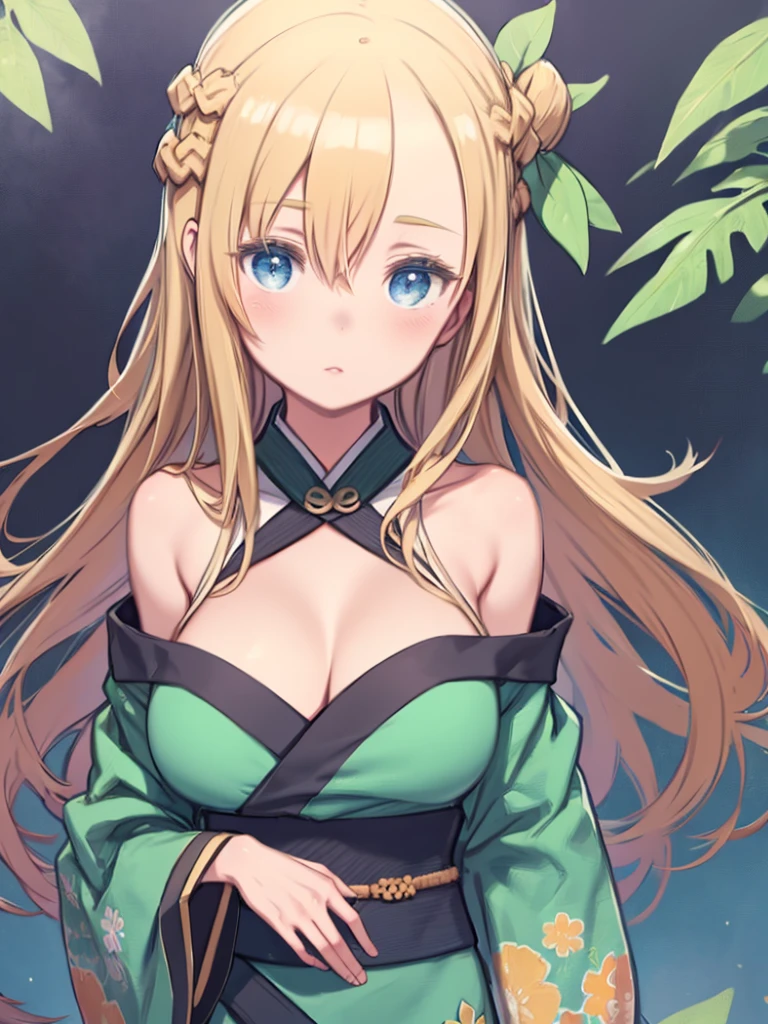 One girl, Big Breasts, Green kimono, Off the shoulder, Breasts pressed together, Place your hand on your chest,, masterpiece, highest quality, Very detailed、Big Breasts、mint, blue eyes, braid, 