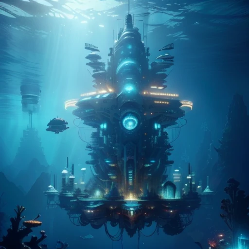 a large base floating in the ocean with many fish, futuristic underwater metropolis, an underwater city, underwater city, solarpunk futuristic utopia, underwater home, depicted as a scifi scene, undersea temple, futuristic setting, under water deep sea laboratory, an underwater alien ocean, the lost city of atlantis, alien habitat, the city of atlantis, city of atlantis, suspended underwater, military installation, underwater turrets, sonar, cables, wires, mechanical devices, an underwater craft passing by