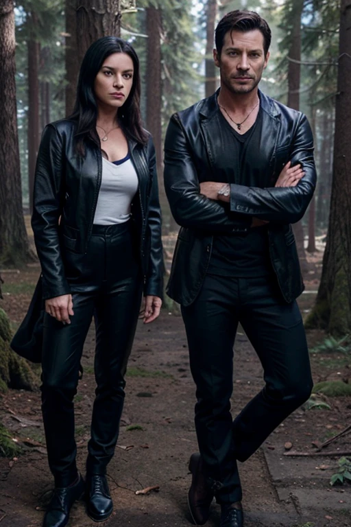 Ian Bohen, Peter Hale, Teen Wolf, 40 years old, short and messy dark black hair, blue eyes, lawyer uniform, black dress jacket, blue t-shirt, black tie, black dress pants, black leather shoes, wolf pendant, print of white wolf. forest background fox aura around black color