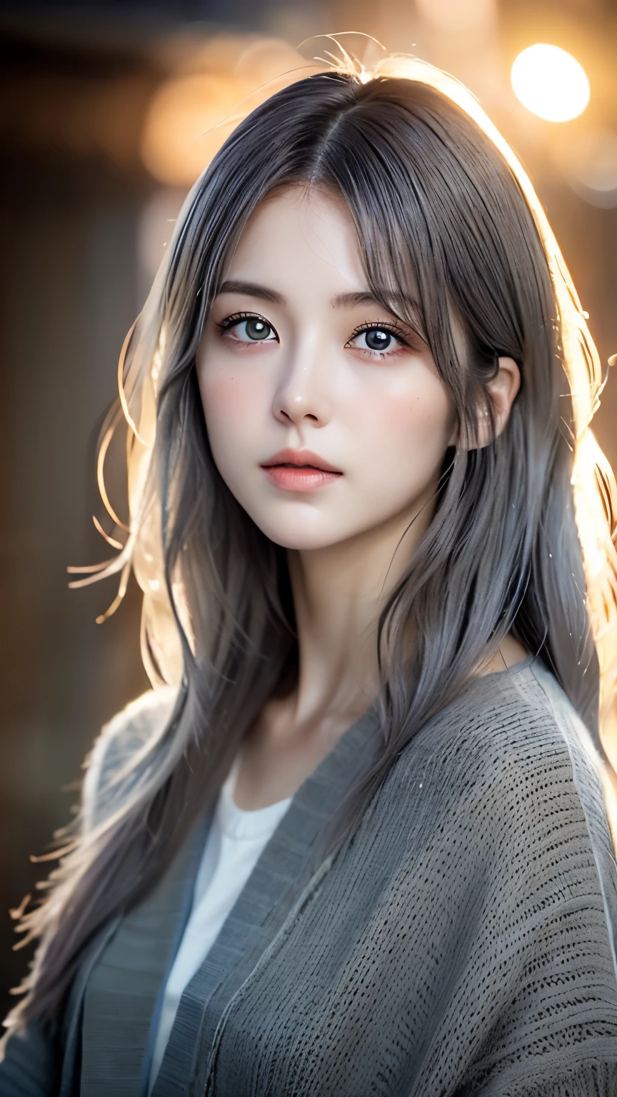 (realistic: 1.4), (masterpiece, side lighting, beautiful and delicate eyes: 1.2), masterpiece*portrait, Reduce water, 20 years old Japanese、Japanese,Yamato Nadeshiko、realistic face, 3d face, bright eyes, romance gray voluminous hair, Glossy skin, alone, embarrassing, bold lighting