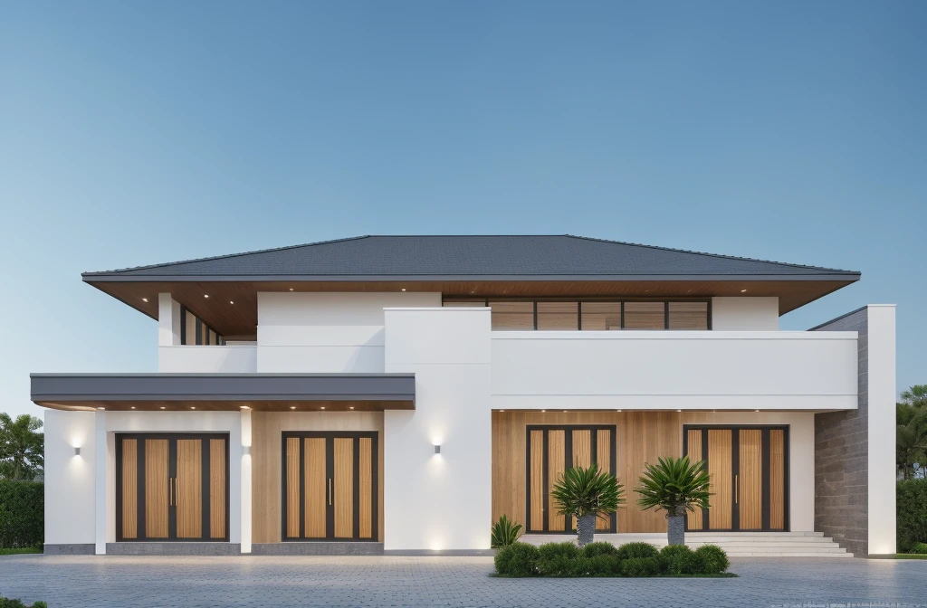 PLATFORM KTHOUSE, 1 morden villa, slope roof, main material of villa about build color wall:1.2 glass panel:1.1 and stone:1.2, 1large yard, 1 road runs in front of the house, (RAW photo, real, best quality, masterpiece:1.2), look morden minimalist, 1 road in front of the house, dynamic lighting:1.3, (hyper realistic, photo-realistic:1.2), high quality, (dark lighting:1.2), perfect lighting, archdaily, no human, light at 12 noon, light in door:1.2