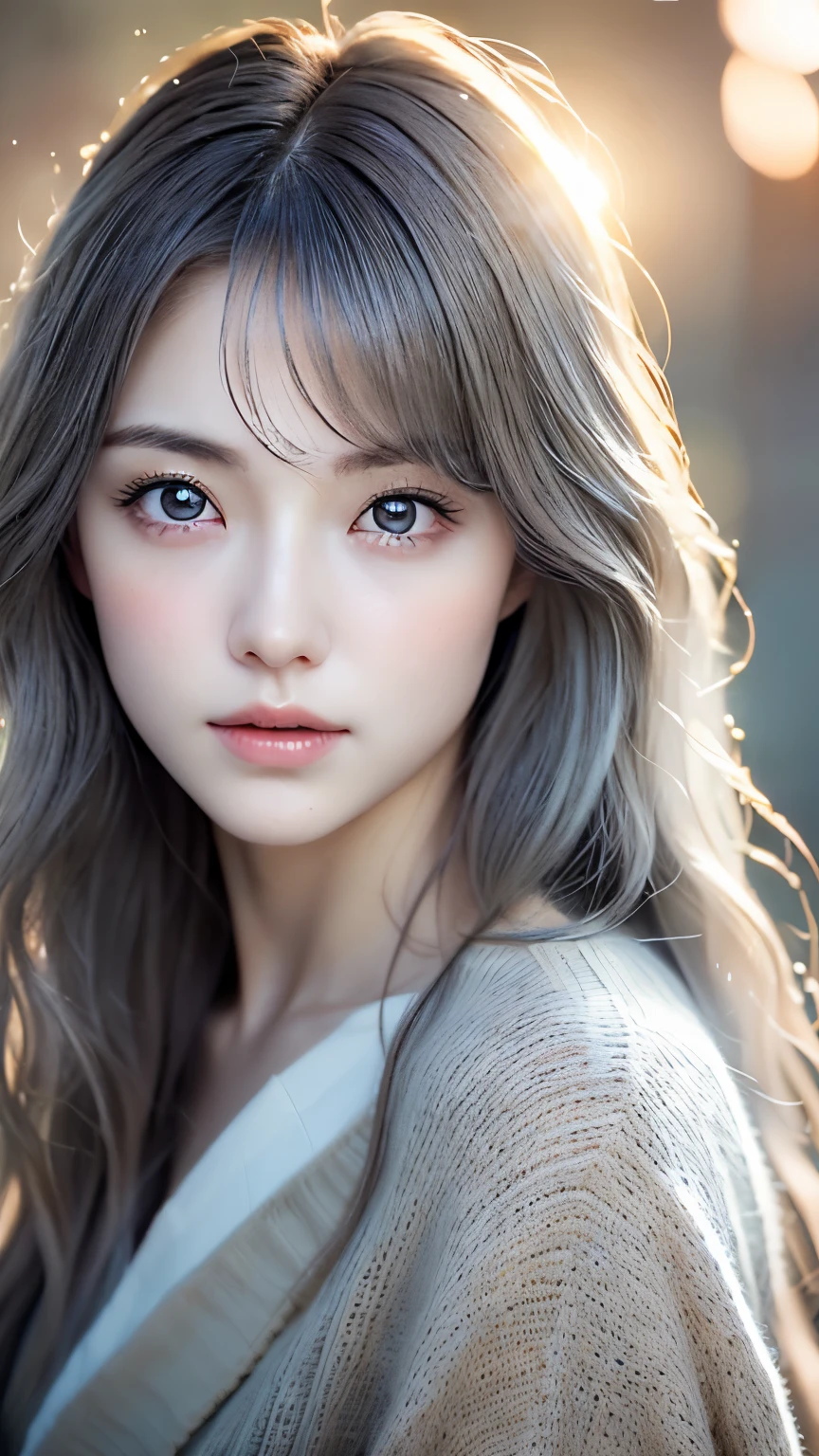 (realistic: 1.4), (masterpiece, side lighting, beautiful and delicate eyes: 1.2), masterpiece*portrait, Reduce water, 20 years old Japanese、Japanese,Yamato Nadeshiko、realistic face, 3d face, bright eyes, romance gray voluminous hair, Glossy skin, alone, embarrassing, bold lighting