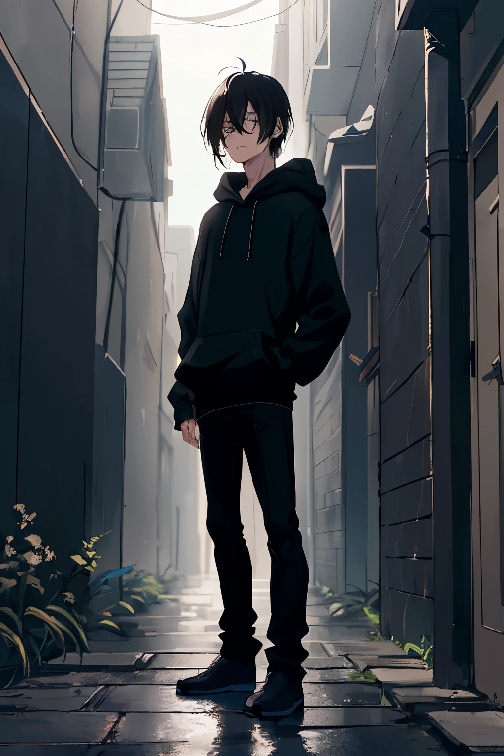 Masterpiece, best quality, (1 Faceless boy: 1.3), (boy standing in alleyway: 1.1), dark atmosphere, (black hoodie: 1.2), black jeans, (somber expression: 0.9), downturned eyes, faint frown, black tousled hair, partially covering eyes, (alleyway shadows: 1.4), distant streetlamp, faint light, (anime-style: 1.0), sad anime boy, (tousled black hair: 1.5), dark and moody tone, emphasizing sadness.