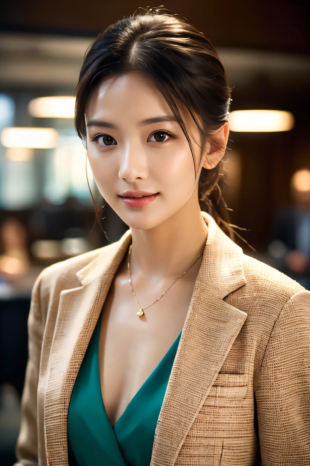最high quality, 8k, masterpiece, Realistic, high quality, Beautiful and exquisite face and eyes, OL, a stylish suit, Half Body Shot, Professional Lighting, Vibrant colors, Confident expression, Facing forward, (Looking into the camera), Modern office environment, Warm tones, Sharp details, Glossy finish, Cleavage