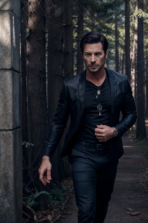 Ian Bohen, Peter Hale, Wolf, 40 years old, short and messy dark black hair, blue eyes, lawyer uniform, black dress jacket, blue t-shirt, black tie, black dress pants, black leather shoes, wolf pendant, print of white wolf. forest background fox aura around black color