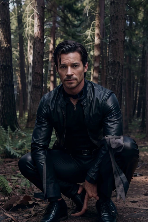 Ian Bohen, Peter Hale, Wolf, 40 years old, short and messy dark black hair, blue eyes, lawyer uniform, black dress jacket, blue t-shirt, black tie, black dress pants, black leather shoes, wolf pendant, print of white wolf. forest background fox aura around black color