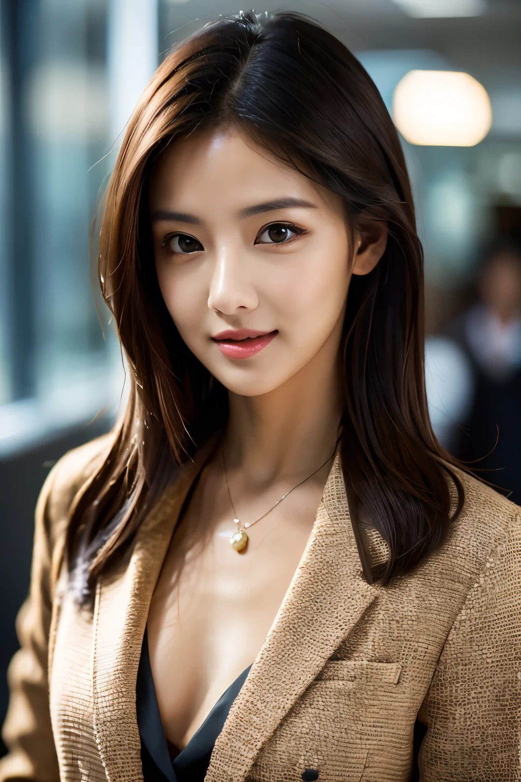 最high quality, 8k, masterpiece, Realistic, high quality, Beautiful and exquisite face and eyes, OL, a stylish suit, Half Body Shot, Professional Lighting, Vibrant colors, Confident expression, Facing forward, (Looking into the camera), Modern office environment, Warm tones, Sharp details, Glossy finish, Cleavage
