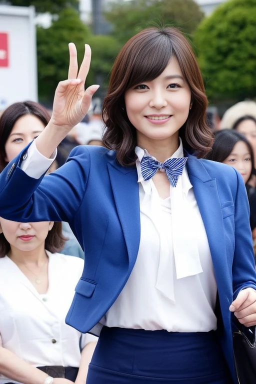 woman、Japanese、35歳のwoman教師、Cowboy Shot、slim、Beauty、Well-groomed face、Short unkempt hair、white bow tie blouse。break。Blue jacket and knee-length pencil skirt、Blue shiny pumps、Shoulder bag on shoulder、Walk towards the viewer、Watching the audience。In the background is the school gate.、smile、One hand outstretched。