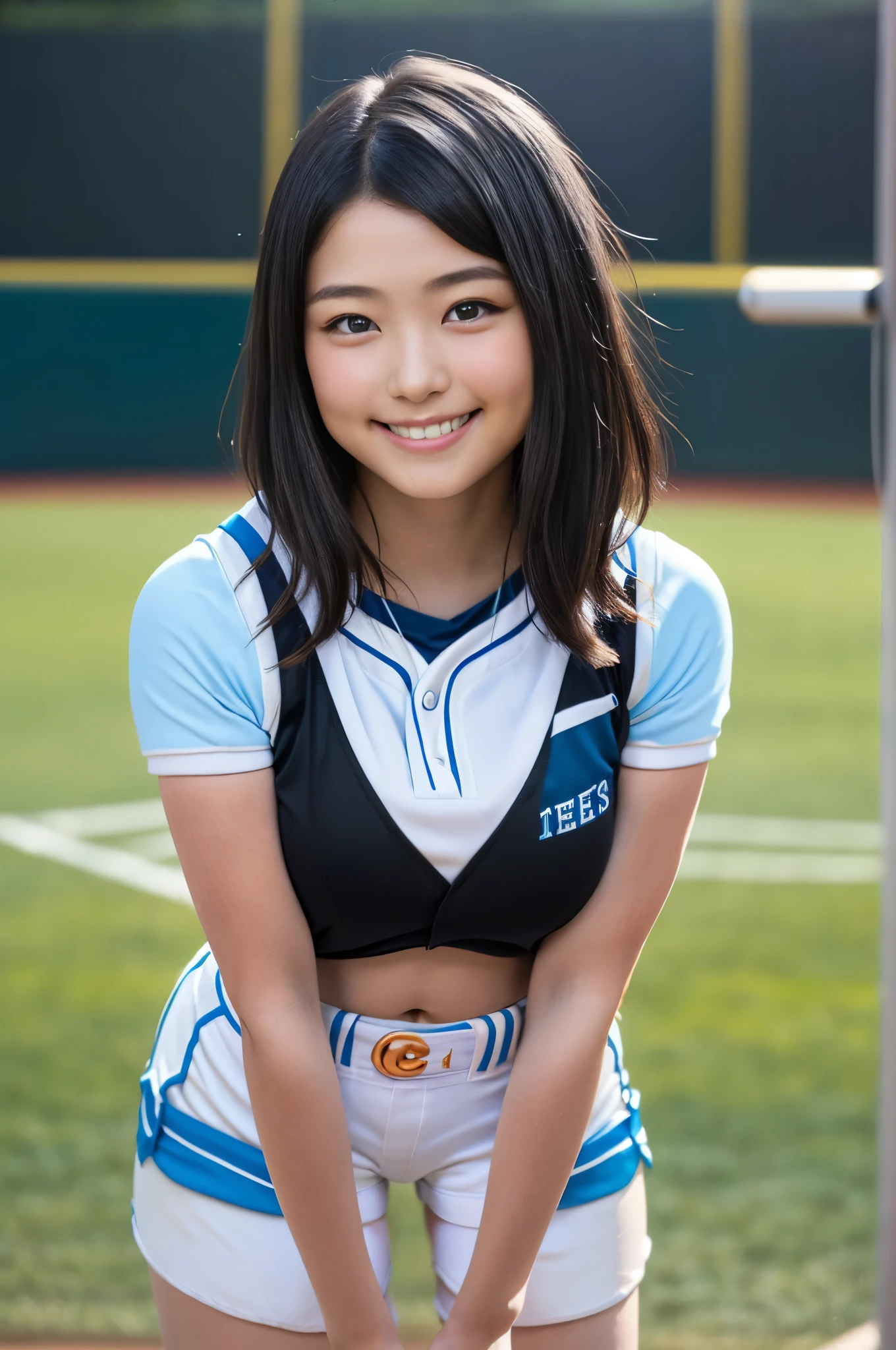 (8k、Raw photography、highest quality、masterpiece:1.2),(Black-haired、Very short hair:1.8),(ponytail:1.3)、View your audience,Viewed from the front,White skin,(high school girl、Light blue baseball uniform:1.7)、(Tight waist:1.6)、(Clothes that accentuate the shape of the breasts:1.0)、(Big Breasts :1.3)、Slim figure、Ultra-high resolution,beautiful,beautiful fece,(one person、No background:1.9),whole bodyボディー,Japanese women,(reality的:1.37)、Photon Mapping,reality、(Baby-faced and cute: 1.4)、(Cute Smile: 1.8)、(Round face: 1.8)、Radio City、Physically Based Rendering、Depth of field rally background、photograph, (I can see your knees、Very short white shorts、Thigh close-up:1.8),(:1.4),whole body、Great quality