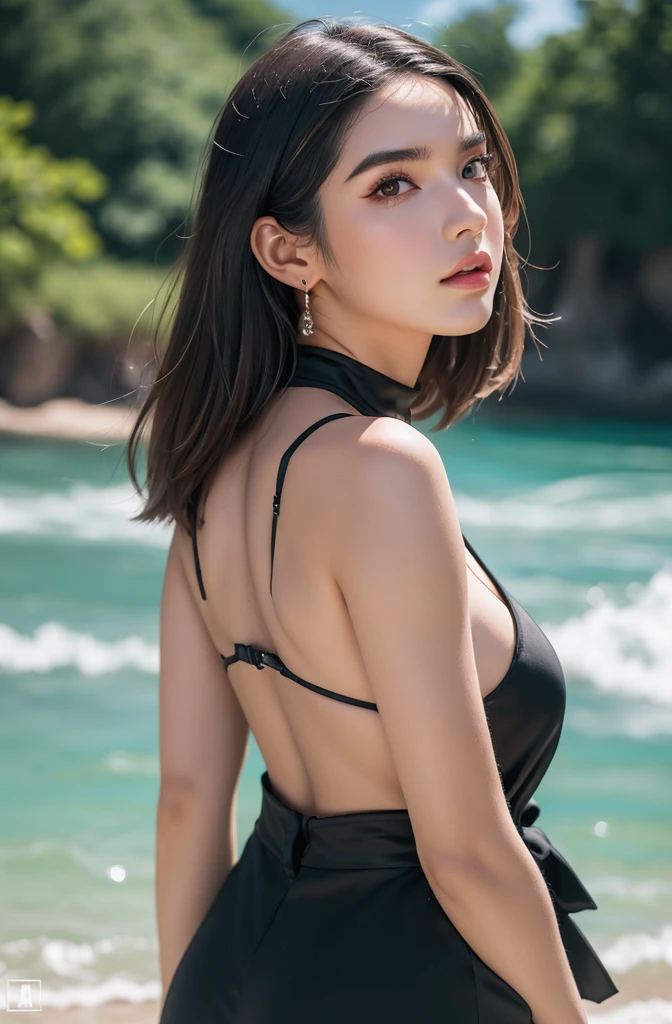 (foto premiada:1.3) de (Ultrarealistic:1.3),(nervoso:1.3), uma mulher com biquini preto, pele verdadeira, com o rosto da Dua Lipa, 5D canon, 85 mm, profundidade de campo, 8k, ultra nitidez, rtx, Octano, irreal, dramatic light, Global illumination (pelo Artista WLOP:1.3),altamente detalhado,(Arte Onda Negra:1.3),(Arte Incondicional:1.3),(Agfacolor:1.3),(fechar retrato:1.3),(Feminino:1.4),(lindo:1.4),(Atraente:1.3),Bonito,olhos perfeitamente detalhados, corpo inteiro sensual,outside lighting,em uma praia. De costas, looking back.