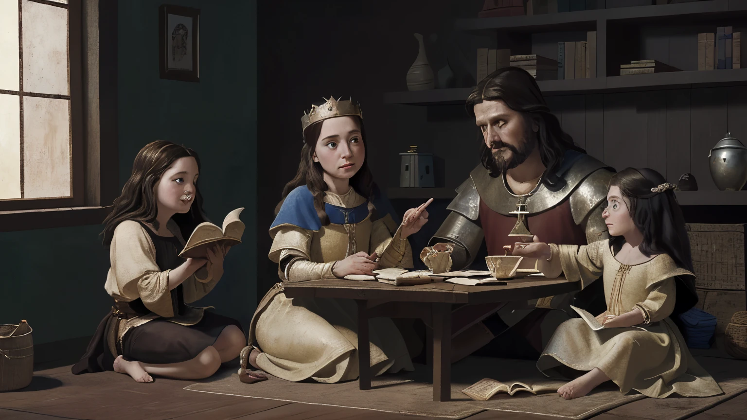 Desenho detalhado, realistico, biblical image; in medieval times show a couple with children at home. The husband seated at the table reading and the wife sitting on the floor playing with the children.