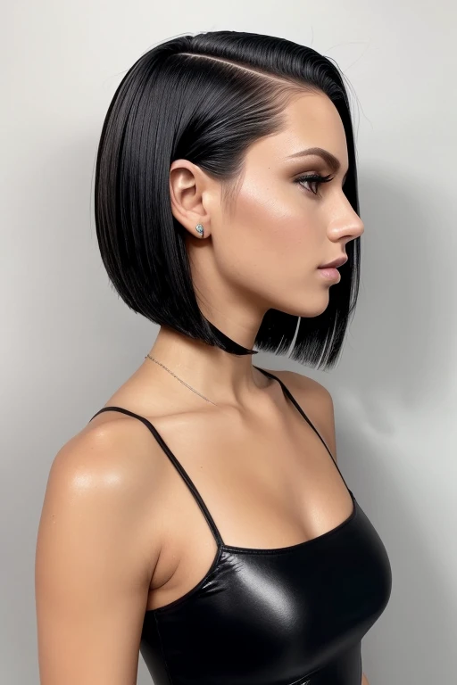 Gorgeous european woman with very short straight hair, short hair, wet hair, hair slicked back, combed straight back, slick hair, black to blonde gradient mixed hair, wearing a tight wet dress, solid dark black background